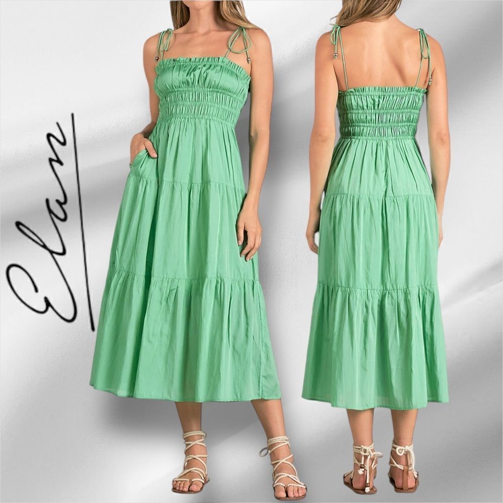 ELAN Women’s Smocked Tiered Midi Dress in the Size Large in Mint Green Color